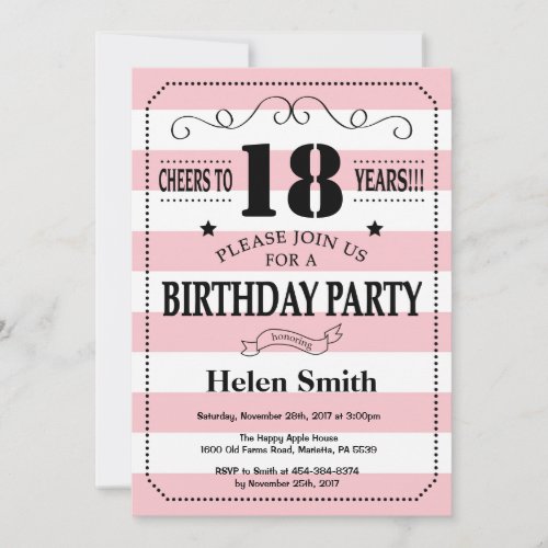 18th Birthday Invitation Pink and White Stripes