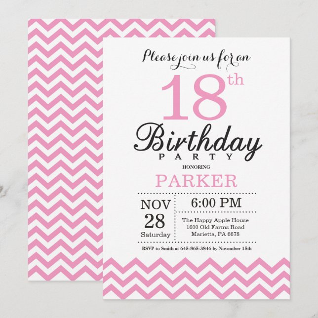 18th Birthday Invitation Pink Chevron (Front/Back)