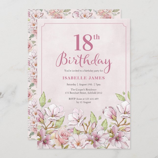 18th Birthday Invitation Pink Floral (Front/Back)