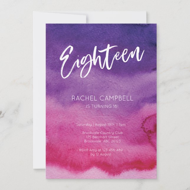 18th Birthday Invitation Pink Purple Watercolor (Front)