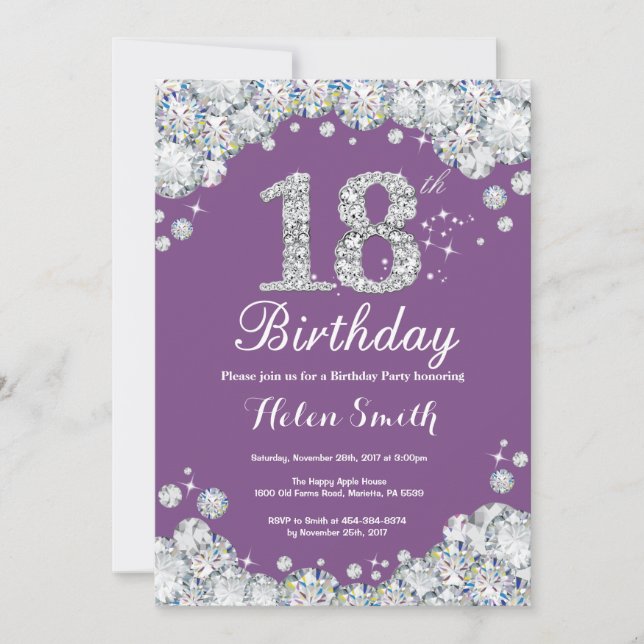 18th Birthday Invitation Purple and Silver Diamond (Front)