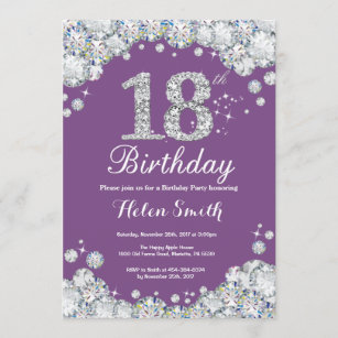 18th Birthday Invitation Purple and Silver Diamond