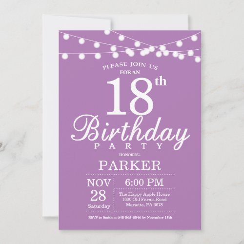 18th Birthday Invitation Purple Lavender Lilac