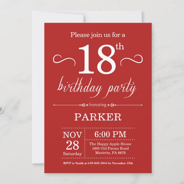 18th Birthday Invitation Red (Front)