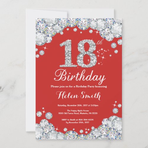 18th Birthday Invitation Red and Silver Diamond
