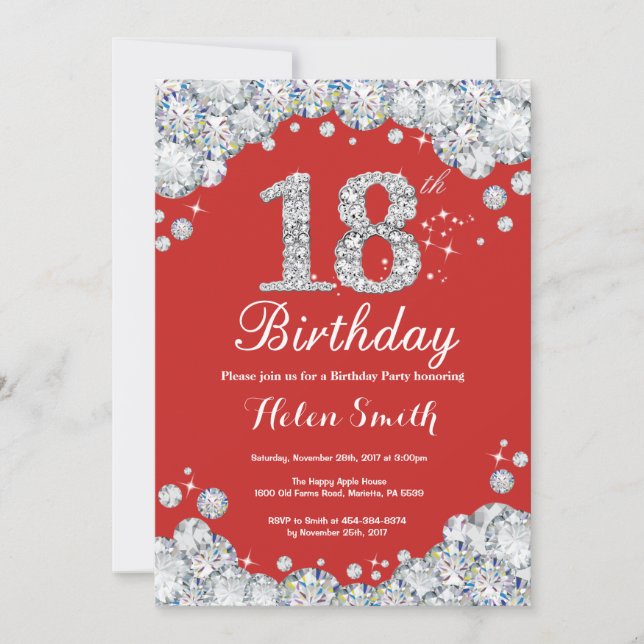 18th Birthday Invitation Red and Silver Diamond (Front)