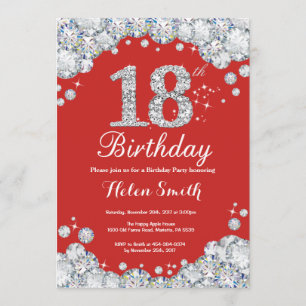 18th Birthday Invitation Red and Silver Diamond