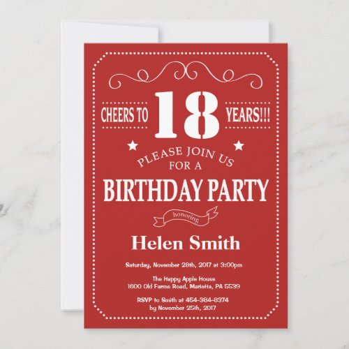 18th Birthday Invitation Red and White