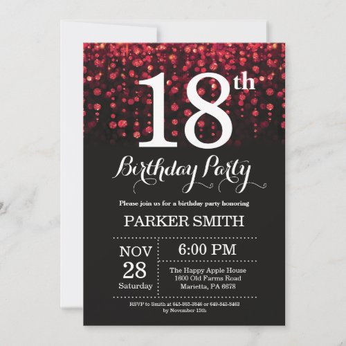 18th Birthday Invitation Red Glitter