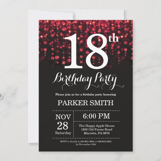 18th Birthday Invitation Red Glitter (Front)