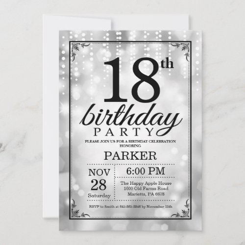 18th Birthday Invitation Silver Glitter