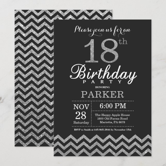 18th Birthday Invitation Silver Glitter (Front/Back)
