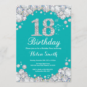 18th Birthday Invitation Teal and Silver Diamond
