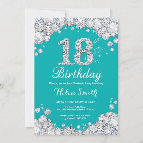 18th Birthday Invitation Teal and Silver Diamond