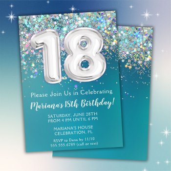 18th Birthday Invitation Teal Silver Glitter by WittyPrintables at Zazzle