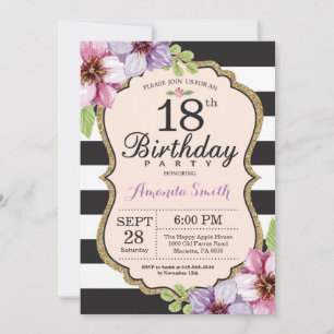 18th Birthday Invitation Women. Floral Gold Black