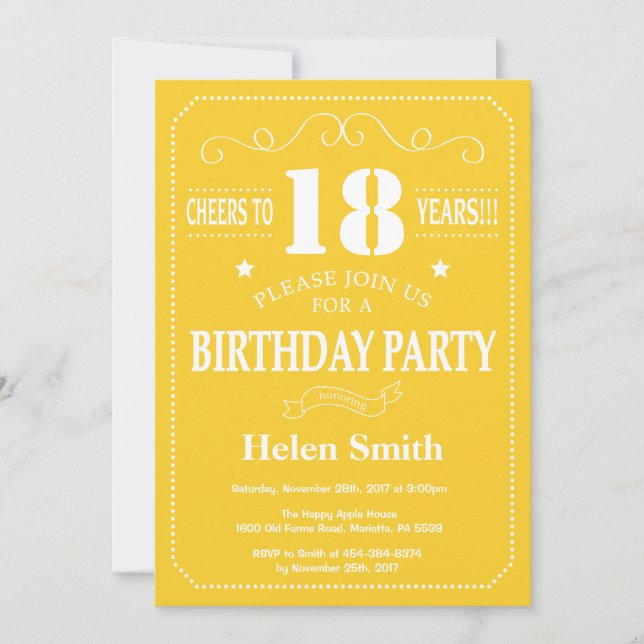 18th Birthday Invitation Yellow and White (Front)