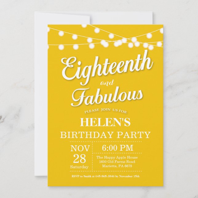 18th Birthday Invitation Yellow Fabulous (Front)