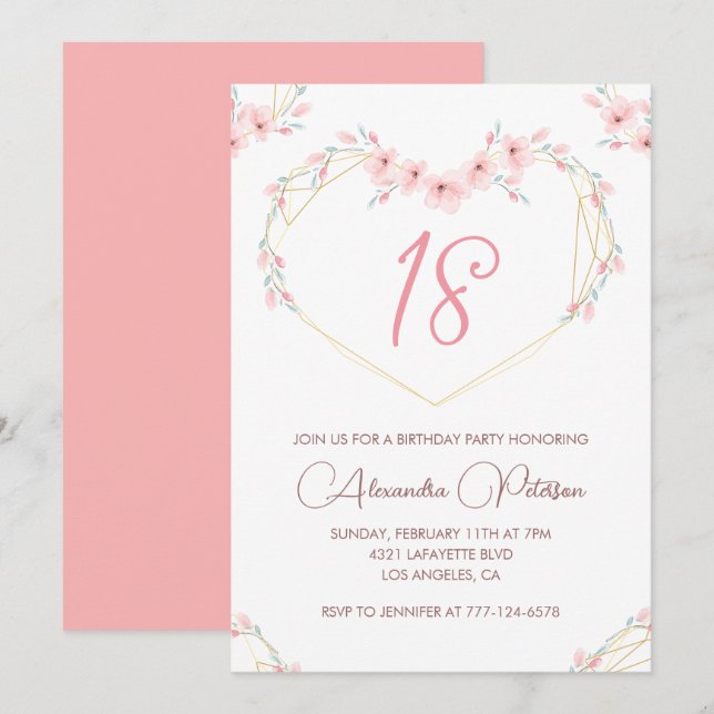 18th birthday invitations Boho Floral Pink (Front/Back)