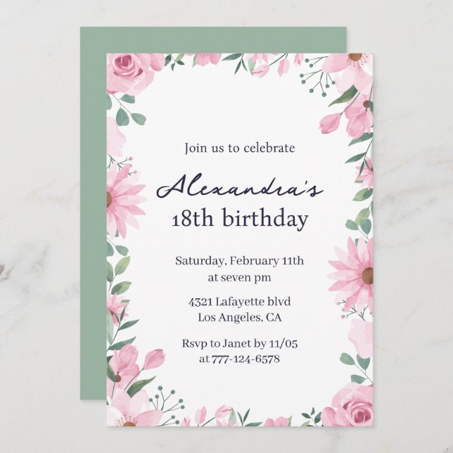 18th birthday invitations Floral Frame Pink Green (Front/Back)