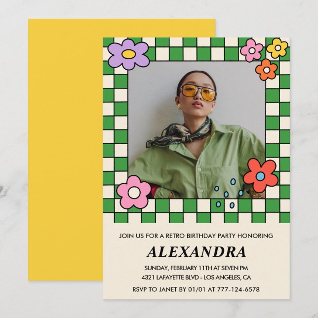 18th birthday invitations Retro Groovy Flowers (Front/Back)