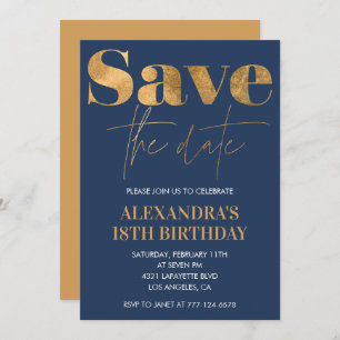 18th birthday invitations Save the date Gold Navy