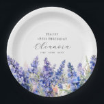 18th Birthday July Birth Flower Larkspur Custom Paper Plates<br><div class="desc">Perfect table decor for a July birthday party. Blue larkspur (delphinium) is the birth flower for that month. It forms a pretty watercolor bottom border on this floral personalized paper plate. The birthday celebrant's name, age and birthdate are placed above it using elegant calligraphy and typography. All text is editable....</div>