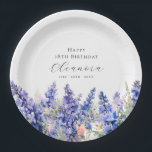 18th Birthday July Birth Flower Larkspur Custom Paper Plates<br><div class="desc">Perfect table decor for a July birthday party. Blue larkspur (delphinium) is the birth flower for that month. It forms a pretty watercolor bottom border on this floral personalized paper plate. The birthday celebrant's name, age and birthdate are placed above it using elegant calligraphy and typography. All text is editable....</div>