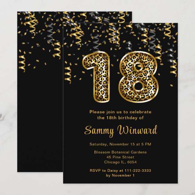 18th Birthday Leopard Print Balloons with Confetti Invitation (Front/Back)