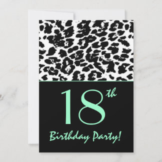 18th Birthday Leopard Print Black White Aqua Invitation