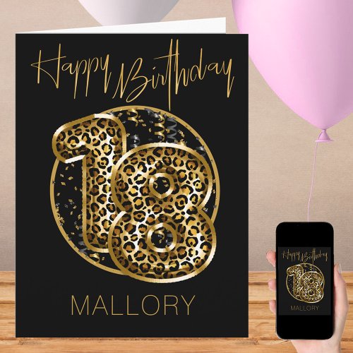 18th Birthday Leopard Print Gold Foil Balloons Card
