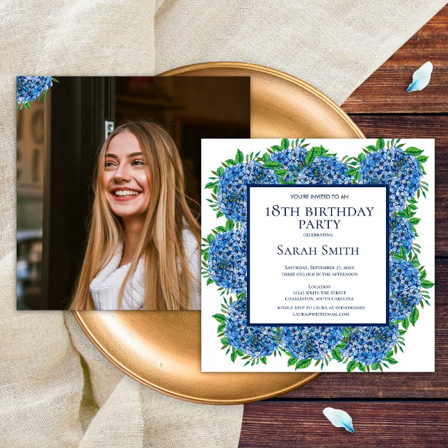 18th Birthday Light Blue Hydrangeas Photo Party Invitation (Front/Back)