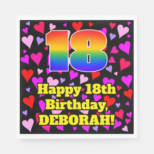 18th Birthday: Loving Hearts Pattern, Rainbow # 18 Napkins (Front)