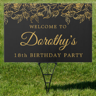 18th Birthday Luxe Gold Rose Black Welcome Yard Sign