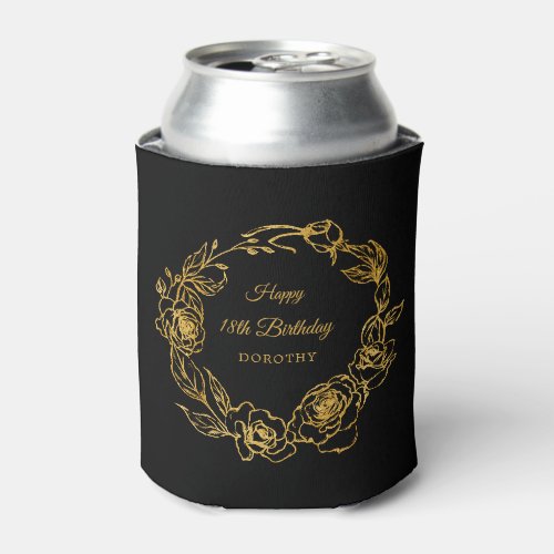 18th Birthday Luxe Gold Rose Personalized Black Can Cooler