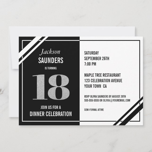 18th Birthday Modern Black and White Dinner Party Invitation (Front)
