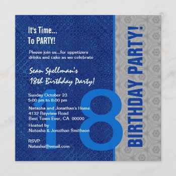 18th Birthday Modern Blue And Silver S306 Invitation by JaclinArt at Zazzle