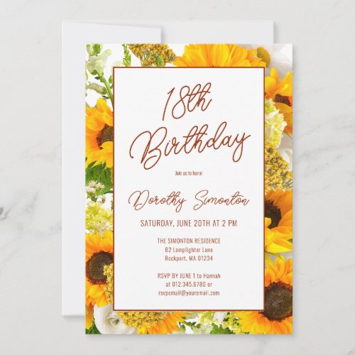 18th Birthday Modern Sunflower Floral Invitation