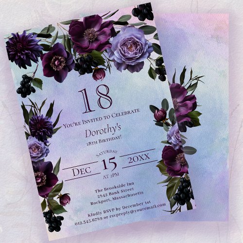 18th Birthday Moody Purple Gothic Flower Invitation