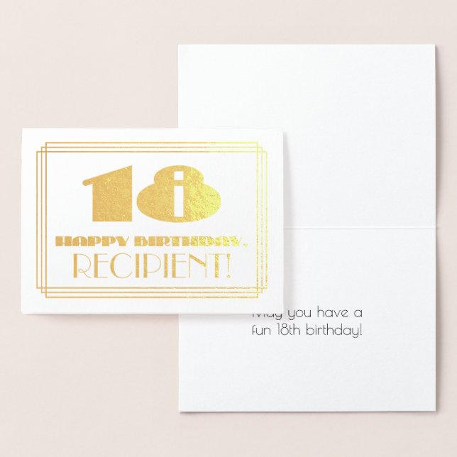 18th Birthday; Name + Art Deco Inspired Look "18" Foil Card (Display)
