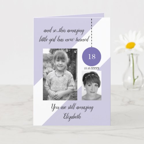 18th Birthday name date purple white photo Card