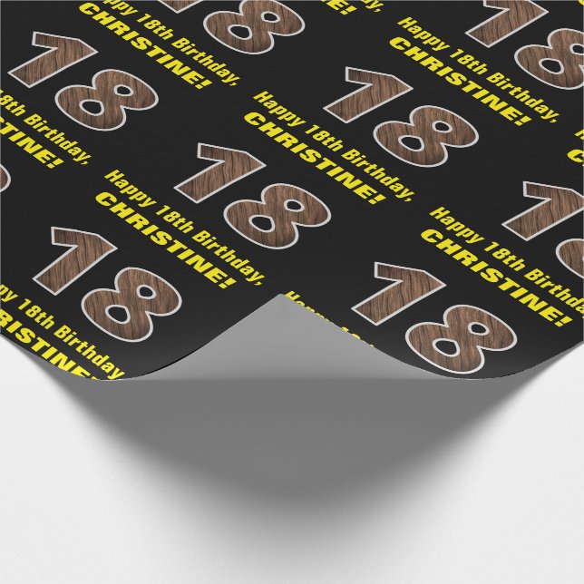 18th Birthday: Name & Faux Wood Grain Pattern "18" Wrapping Paper (Corner)
