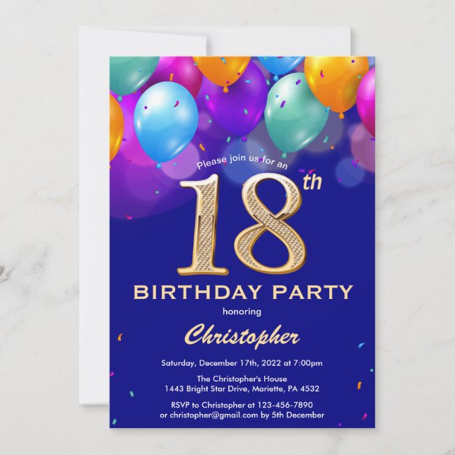 18th Birthday Navy Blue and Gold Colorful Balloons Invitation (Front)