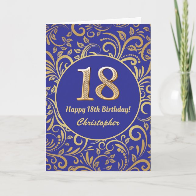 18th Birthday Navy Blue and Gold Floral Pattern Card (Front)