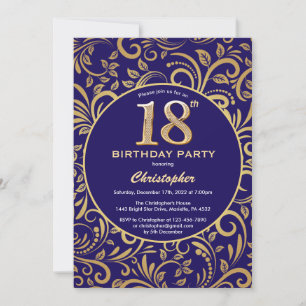 18th Birthday Navy Blue and Gold Floral Pattern Invitation