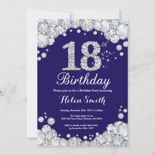 18th Birthday Navy Blue and Silver Diamond Invitation