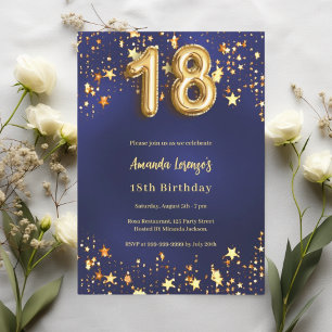 18th birthday navy blue gold stars invitation