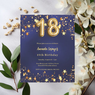 18th birthday navy blue gold stars invitation
