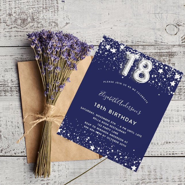 18th birthday navy blue silver budget invitation flyer (Creator Uploaded)