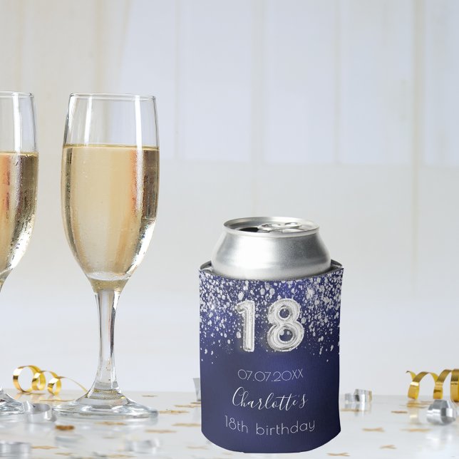 18th birthday navy blue silver glitter dust name can cooler (Creator Uploaded)
